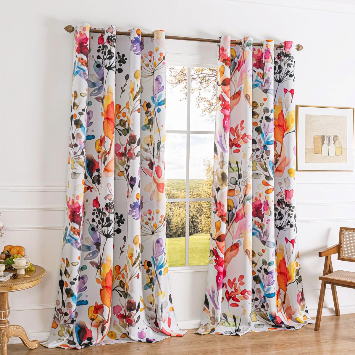 Boho Floral 100% Blackout Curtains  2 Panels Set Grommet Watercolour Flower Bohemian Pattern Black Out Thermal Insulated Drapes Window Treatment for Bedroom Living Room